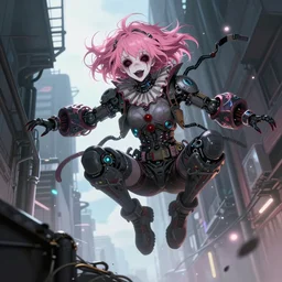 by kyoto animation, very creepy clown ghost in the shell girl pink hair jump from a building, tears from the eyes, wearing cyberpunk intricate streetwear, beautiful, detailed portrait, intricate complexity, ilya kuvshinov, cell shaded, 4 k, concept art, by wlop, ilya kuvshinov, greg rutkowski, cinematic lighting