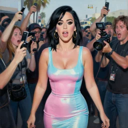 oil painting katy perry lashes out at the media while wearing a pink - lemonade and sea blue skin - tight reflective dress, public freak - out, los angeles 2 0 1 5