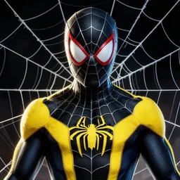 upper body portrait of spider man, black and yellow suit, surrounded by webs, symmetry, vivid, intricate, comic book, artwork by marvel studios, trending on artstation