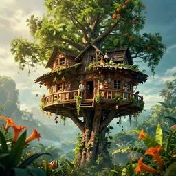 live action cinematic version of swiss family robinson where gravity doesn't exist, robinson family treehouse on a floating island, uninhabited, overgrown, volumetric lighting, blooming tropical flowers and datura, dynamic lighting, cinematic