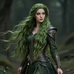a beautiful woman with long flowing olive green hair, detailed clothing, dark aesthetic, fantasy setting