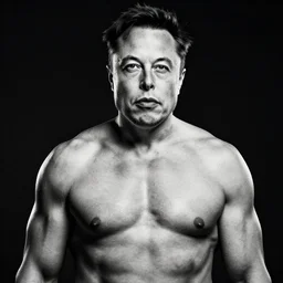 Elon Musk as a very muscular and buff man, six-pack, full body photo, black and white, studio photo, dramatic