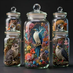 collection of animals in glass jars, moody :: studio ghibli, beeple and James Gilleard and Justin Gerard :: ornate, dynamic, particulate, rich colors, intricate, elegant, highly detailed, centered, artstation, smooth, sharp focus, octane render, 3d