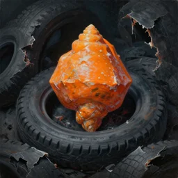 oil painting of decagon shape pressed orange lenticular mollusk in torn & shredded tire pile baked at 4 5 0 f, claustrophobic, hyper detailed, terrifying horror book jacket illustration 6 0 0 f by wayne d barlowe, h r giger