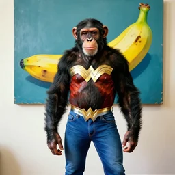 a Chimpanzee, dressed as Wonder Woman, wearing Tight Fighting Blue Jeans, stands in front of an Andy Warhol Banana painting on the wall behind her, photographed in the style of Annie Leibovitz, photorealistic