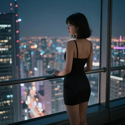 anime style young woman wearing a stylish black minidress looking through a penthouse window at a panoramic view of a cyberpunk city at night, bokeh lights, 8 5 mm focal length, ilya kuvshinov, guweiz, artstation trending, concept art, digital painting, cinematic, extreme detail, expansive