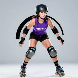 fem-fatal roller derby girl portrait, logo, wearing skating helmet, wearing knee and elbow pads, barging, Philippe Caza, 3 colour print