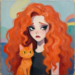 greg manchess portrait painting of ginger girl!!! long curly hair!! black eyes!! evil, sad! with a ginger cat as overwatch character, medium shot, asymmetrical, profile picture, organic painting, sunny day, matte painting, bold shapes, hard edges, street art, trending on artstation, by huang guangjian and gil elvgren and sachin teng