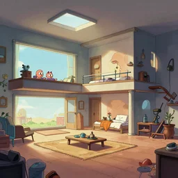 concept art of jetsons cartoon scenario of a brutal house architecture indoor