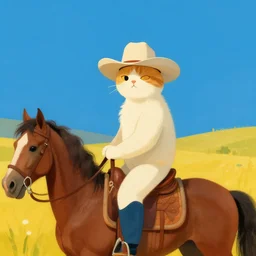 a post - minimalism cat wearing cowboy hat riding horse vibrant color scheme, highly detailed, in the style of romanticism, cinematic, artstation, moebius, greg rutkowski
