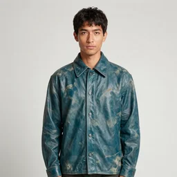 an award - winning photo of a male model wearing a baggy teal distressed medieval leather menswear camp collar shirt by issey miyake, 4 k, studio lighting, wide angle lens