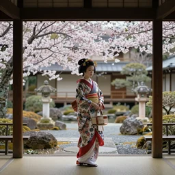 geisha standing inside of traditional Japanese garden, cherry blossom trees, hyperrealistic