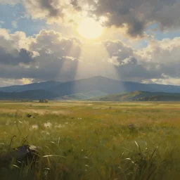 a cinematic landscape view looking at an open field, mountains in the distance, the sun shines through the parted clouds, digital painting, fantasy, art by alexandre mahboubi and liquidcoco
