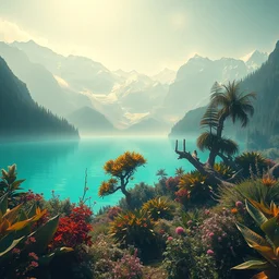 a paradise garden, a land of the dead, divine, hazy, volumetric lighting, snowy summits in the background, vast turquoise lake, lush flora, empty, spacetime bending, very detailed, serene, gold accents, washed out colors, beautiful digital artwork, retrowave style, master level composition, raytracing