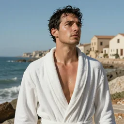 a man sweating in a bathrobe on a hot day, Zurbaran style