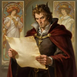 villianous medieval prince holding parchment paper, natural lighting, path traced, highly detailed, high quality, digital painting, by don bluth and ross tran and studio ghibli and alphonse mucha, artgerm