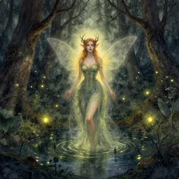 beautiful fae rising from a forest pond, fireflies flying. watercolor fairytale art, russian romanticism, gothic horror, intricate details, backlighting