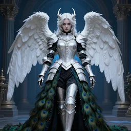 angel knight gothic girl in dark and white dragon armor, rococo peacock outfit. by gaston bussiere, by rembrandt, 1 6 6 7, artstation trending, blue light, by konstantin razumov *