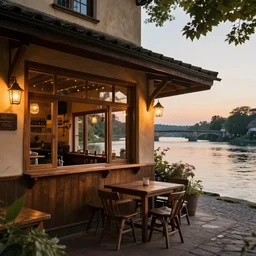 beautiful warm tavern seen from the outside, river crossed by a bridge, crepuscular light, trending on artstation, sharp details
