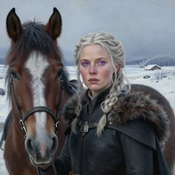 portrait of a nordic women in a snowy tundra, the women with violet eyes has a horse, set in game of thrones. by Daniel F. Gerhartz, hyperrealistic oil painting, 4k, very detailed faces, studio lightning