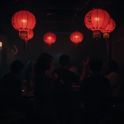 a tiny dark black night club with a few red chinese lanterns, people's silhouettes close up, modern people dancing, surrealism