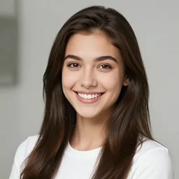 a beautiful girl from minnesota, brunette, joyfully smiling at the camera with her eyes closed. perfect nose, morning hour, plane light, portrait, minneapolis as background.