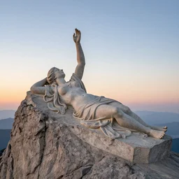 a detailed colossal magnificent stone sculpture carved from the top of a massive mountain of an elegant woman lying flat on the ground with one hand raised to the sky, fine detail, sunrise on the horizon in the background, stone hand raised up, 8 k, art by rebecca guay and alphonse mucha and rembrandt and albert bierstadt