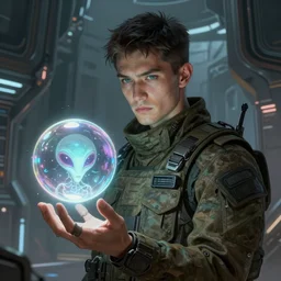 portrait sci-fi art by Greg Rutkowski and Ruan Jia, a glowing alien bubble floating above the hand of a soldier, futuristic environment, detailed and intricate environment, high technology, highly detailed portrait, digital painting, artstation, concept art, smooth, sharp foccus, ilustration, Artstation HQ