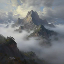 oil painting of cinematic mountains with a cloudy sky filled with swirling fog, Greg Rutkowski, morning lighting, mystical, fantasy
