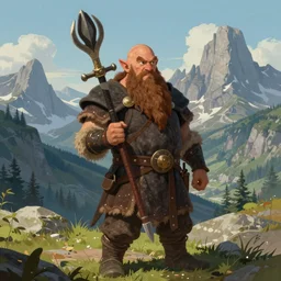 a bald warrior male dwarf with long brown beard in a mountainous landscape, art by mark brooks, jason edmiston, glenn fabry
