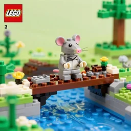 A lego rat sitting on a lego bridge over a lego river