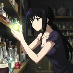 anime, portrait of a young woman in a alchemist's potion shop interior shopping looking at a glowing potion, satoshi kon, psyho pass, ghost in the shell, dynamic pose and perspective, moody, detailed facial features, kyoani, rounded eyes, sharpened image