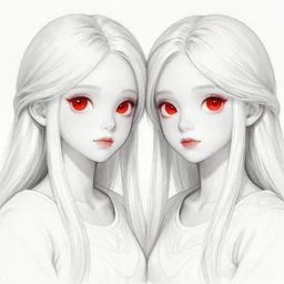 Epic drawing of two young twins, with white skin, long white hair and red eyes. Wearing identical red clothes. Middle age. Castlevania, ultra-detailed. Anime, pixiv, UHD 8K CryEngine, octane render