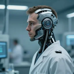 a male laboratory technician with cybernetic enhancements seen from a distance, scifi character portrait by greg rutkowski, craig mullins, 1 / 4 headshot, cinematic lighting, dystopian scifi gear, profile picture, mechanical, cyborg, half robot
