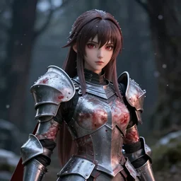 portrait focus of knight beautiful 3D anime girl, meat armor wearing, dark forest background, snowing, bokeh, inspired by Masami Kurumada, digital painting, high contrast, unreal engine render, volumetric lighting, high détail