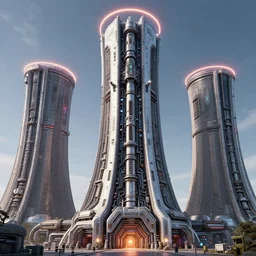 3 d sculpt of beveled architecture towers, massive pipeline with layered complex cyberpunk'scifi digital movie camera'' power station'complex industrial military building facade, halo, star wars, ilm, star citizen halo, mass effect, high tech industrial, artstation unreal