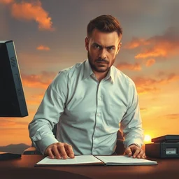 a boss man looking angry at desk, sunset, airbrush painting, pale, wide shot,