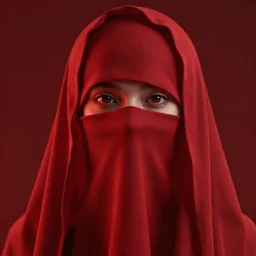 woman with cloth covering her whole face, highly detailed, modern, digital art, red, unreal engine, photorealism, cinematic lighting, 8k photorealistic, dramatic, trending on artstation, by Greg Rutkowski