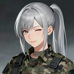 girl, silver hair (ponytail), (winking), multicam (camo), trending on artstation, detailed, cinematic portrait, ilustration by Takehiko Inoue (((and Yoann Lossel)))