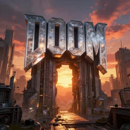a Doom level, from the 1993 PC game Doom: Knee Deep in the Dead, brutalist architecture, stunning volumetric light, sunset, metal, concrete and translucent material, stunning skies, majestic landscape, trending on Artstation, 8k, photorealistic, hyper detailed, unreal engine 5, IMAX quality, cinematic, epic lighting, in the style of Greg Rutkowski