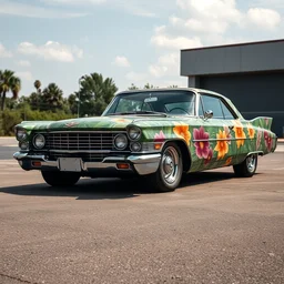 a cadillac 1 9 5 7 coupe, textured with an airbrushed custom paintjob of a djungle with colorful flowers, long shot, daylight, nikon photography