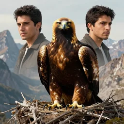 portrait, golden eagle on his Nest in the mountains, face portrait, raphael lacoste, eddie mendoza, alex ross, concept art, matte painting, highly detailed, rule of thirds, dynamic lighting, cinematic, detailed, denoised, centerd