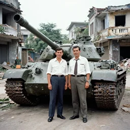 a photo of a two mans posing in front of tank in destroyed vietnamese city, us journalism ministry photo, 1 9 6 9, fim still