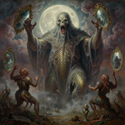 concept art of giant ghast, lovecraftian, renaissance, roaring, melting horror, round moon, rich clouds, fighting the horrors of the unknown, mirrors, very detailed, volumetric light, mist, grim, fine art, decaying, textured oil over canvas, epic fantasy art, very colorful, ornate scales, anato finnstark