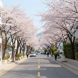 streets of hongdae, hangeul, photorealism, spring, wide shot, by Lim Eung-Sik