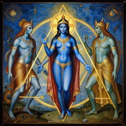 trinity of blue - skinned alien goddess and two extraterrestrial cyan - skinned gods, roman renaissance painting, hindu poster by roberto ferri, poster, triangle, golden ratio, cycles, very colorful, blasphemous orthodox icon