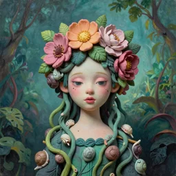 eadshot of a trickster nature girl, head made of fruit and flowers in the style of arcimboldo, fragonard, covered with tendrils and snail shells, oil painting, ethereal, atmospheric lighting, action figure, clay sculpture, claymation, turquoise pink and green, botanical rainbow backdrop