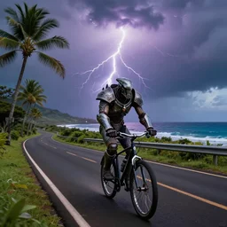 a protoss zealot from starcraft 2 is riding on a bicycle on the roads of hawaii, palm trees are on the side of the roads, with beautiful dramatic lightning with the sea in the background