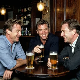 Pierce Brosnan, Sean Connery, Daniel Craig, Roger Moore, Timothy Dalton and George Lazenby sitting in an Irish pub drinking beers and laughing
