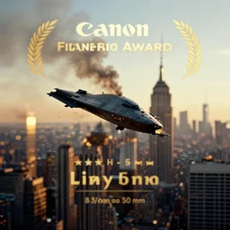 a 3 5 mm photo of an alien spaceship destroying new york city, bokeh, canon 5 0 mm, cinematic lighting, dramatic, film, photography, golden hour, depth of field, award - winning, 3 5 mm film grain